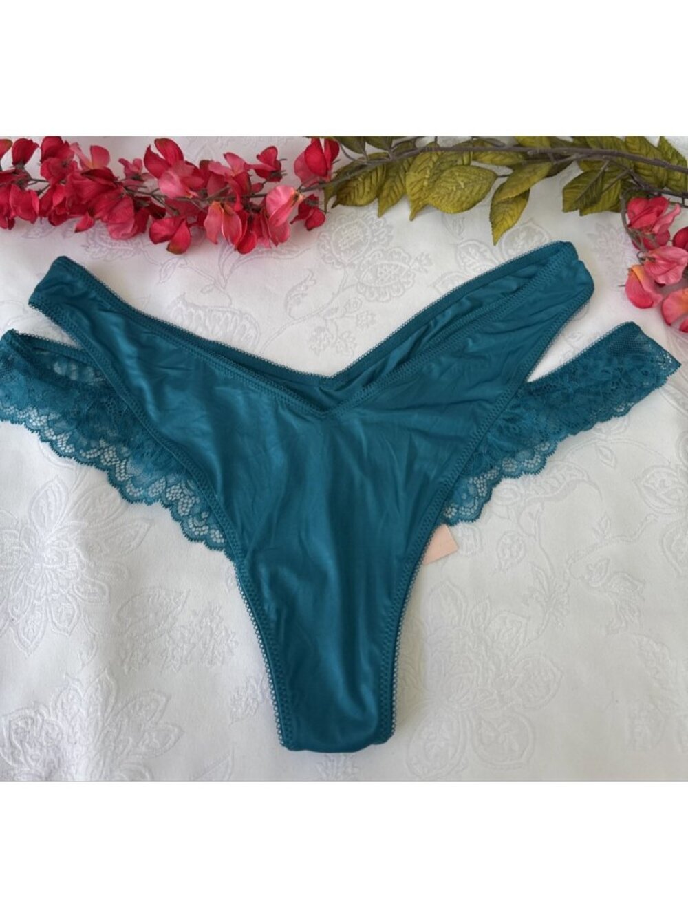 VICTORIA'S SECRET L BLUE SILKY CUT OUT VERY SEXY HIGH LEG CHEEKY PANTIES NWT